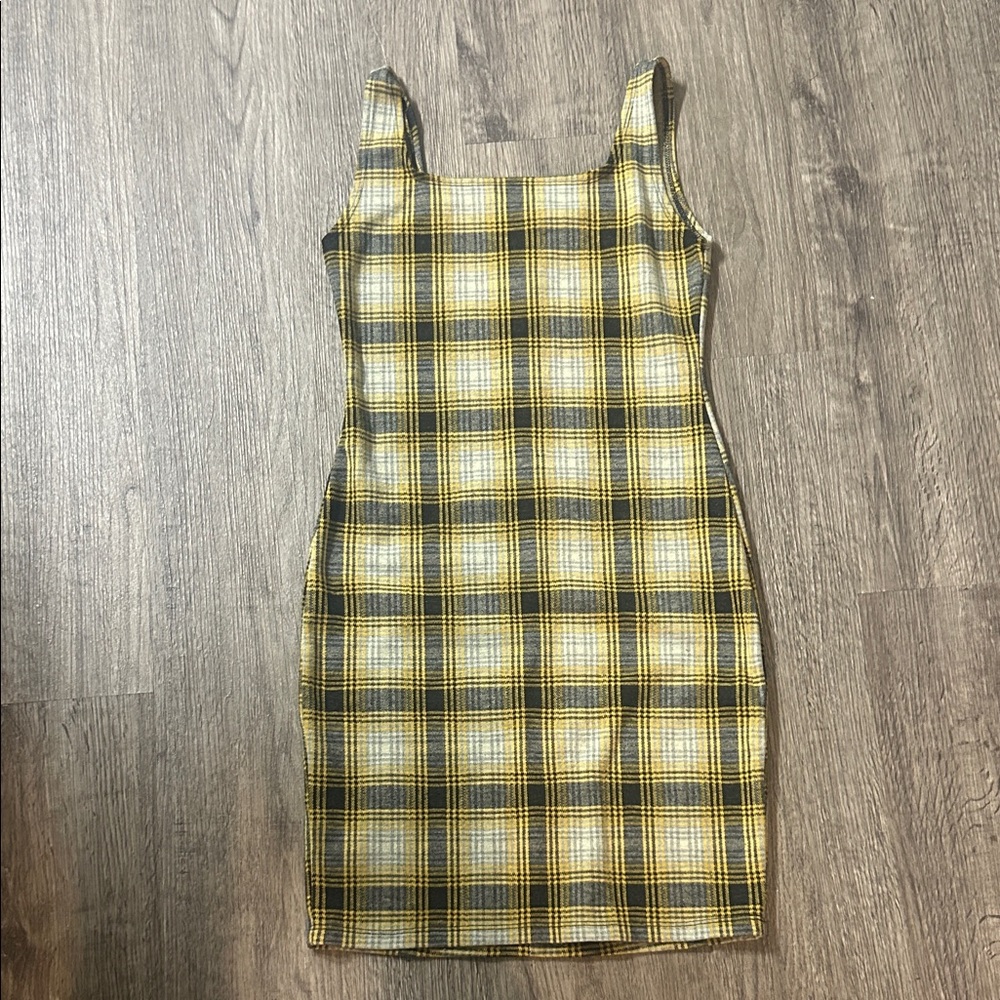 Popular Basics Yellow and Black Plaid Midi Dress